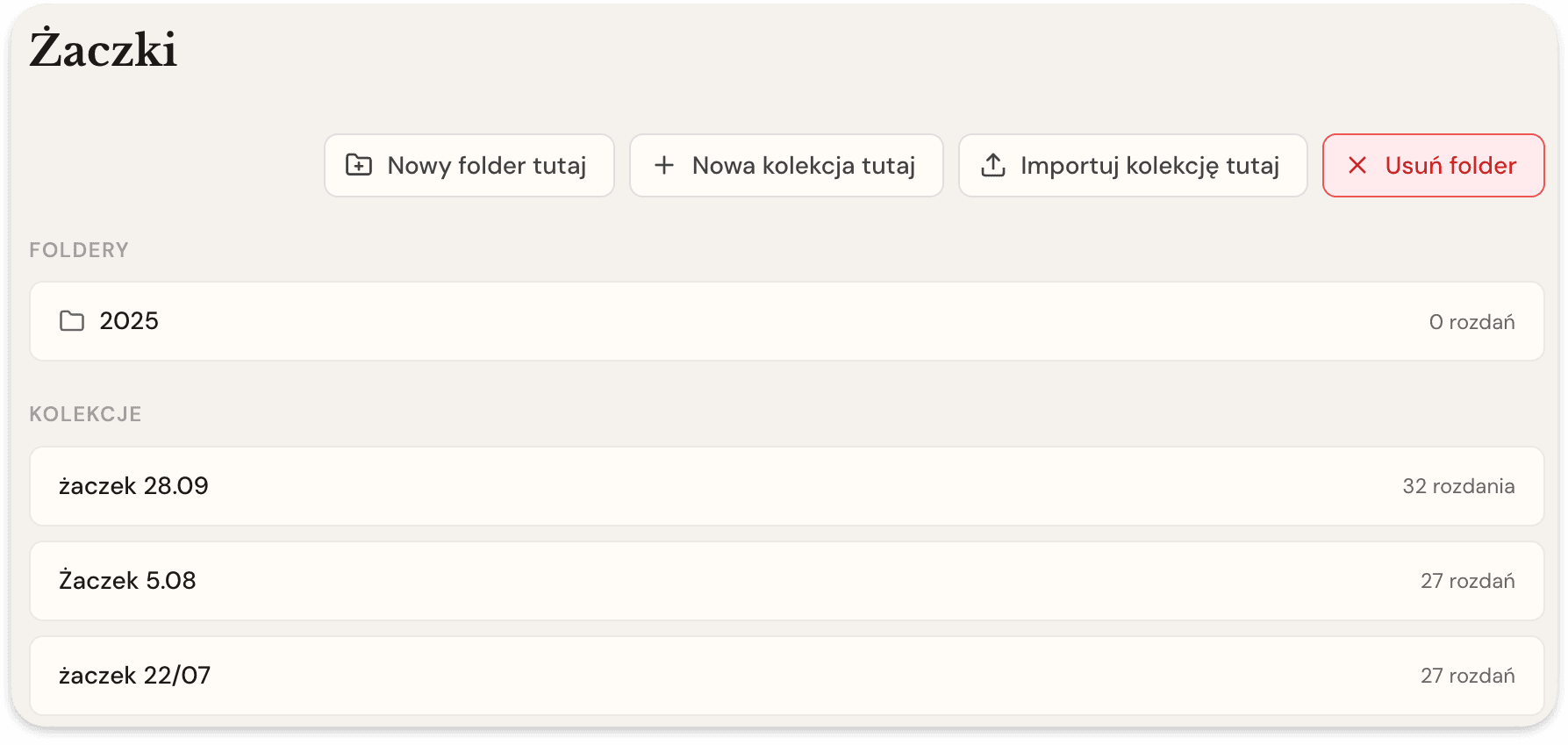 Folder z kolekcjami rozdań z kolejnych turniejów i liczbą rozdań w każdej